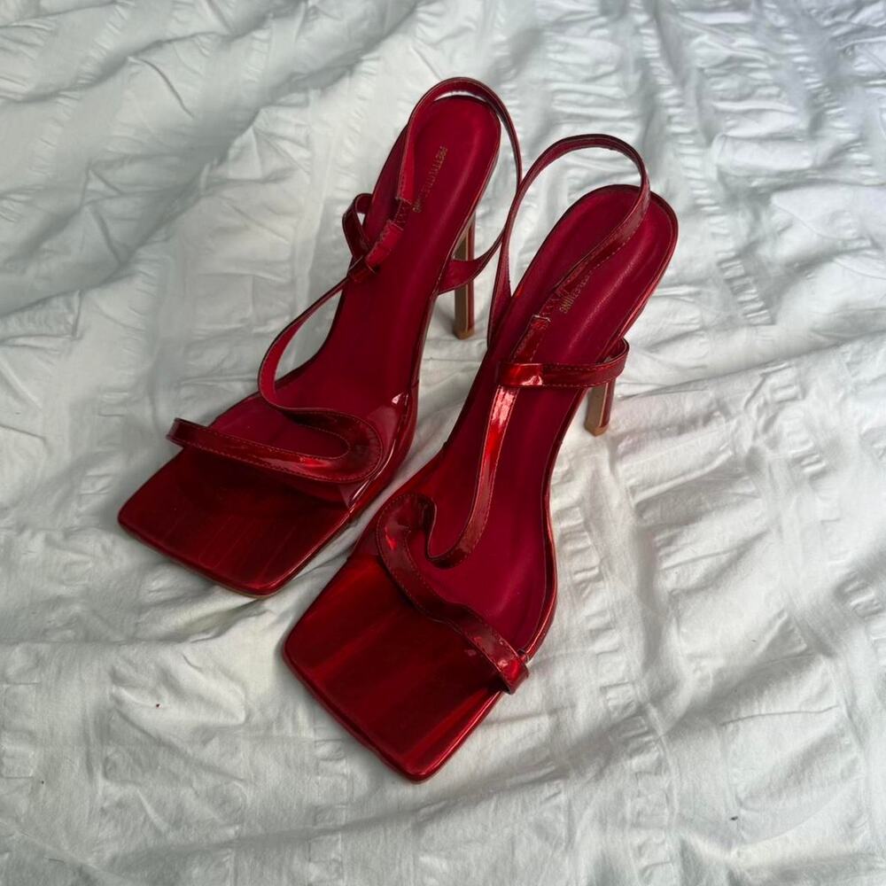 Red metallic open toe heels